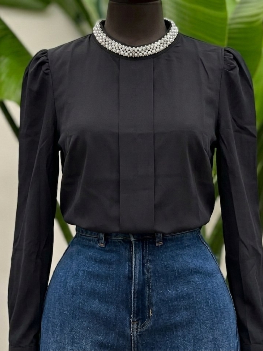 Elegant Black Pearl-Embellished Neck Blouse